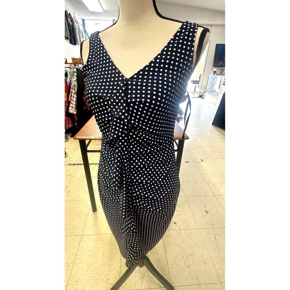 Enfocus Studio Womens Navy Blue White Polka Dot Ruffle V-Neck Dress Size 6